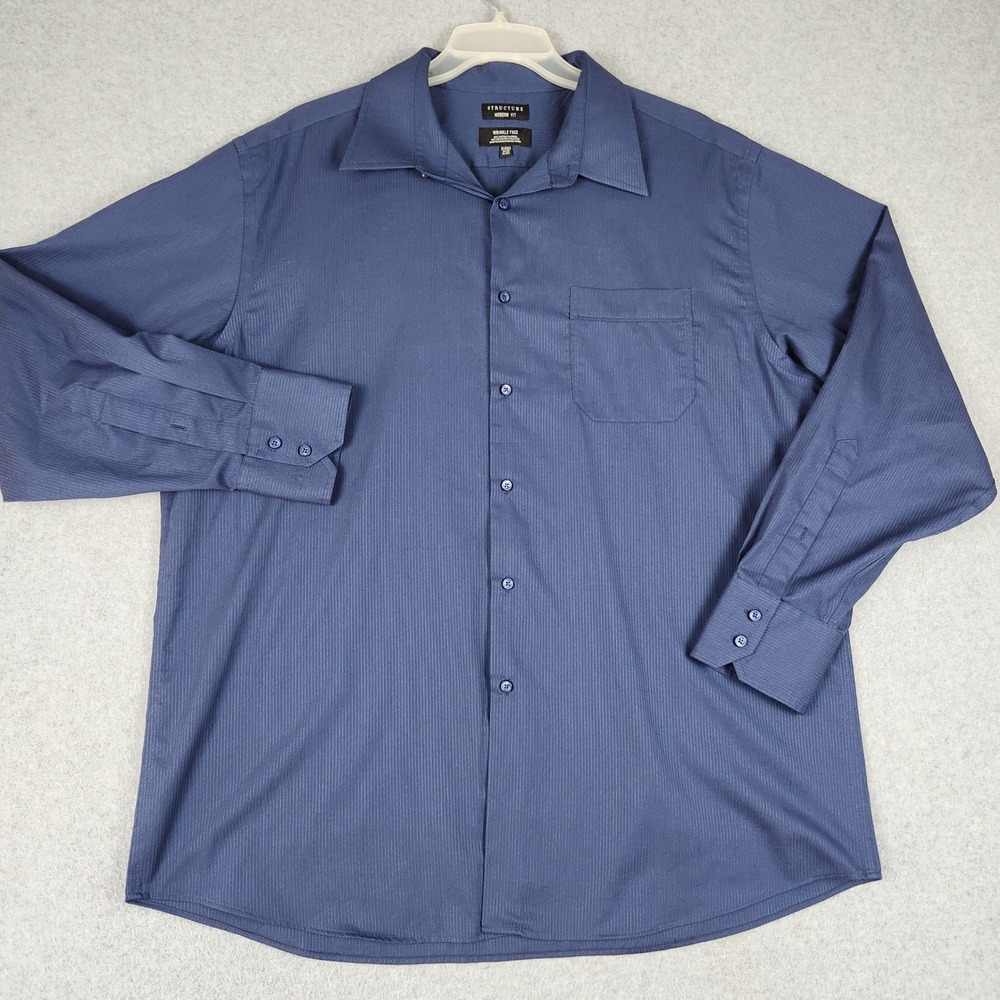 Structure Dress Shirt Men XL Blue Stripe Textured Modern Fit Wrinkle Free Formal